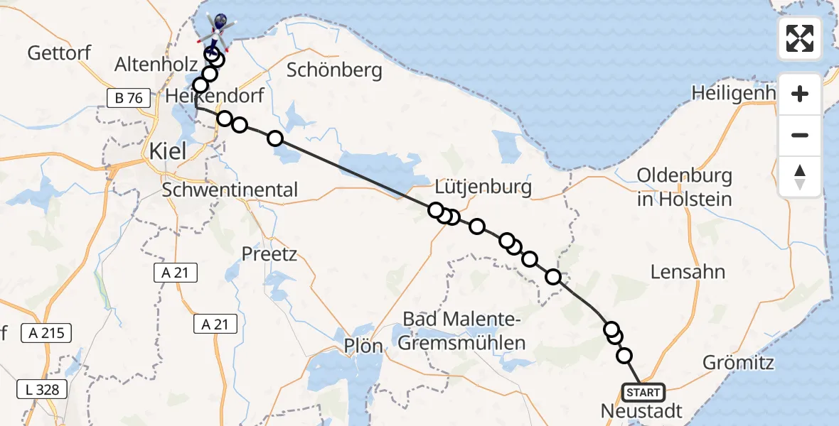 Flugroute Polizeihubschrauber Neustadt in Holstein - Kiel, 11 März 2026, 08:04