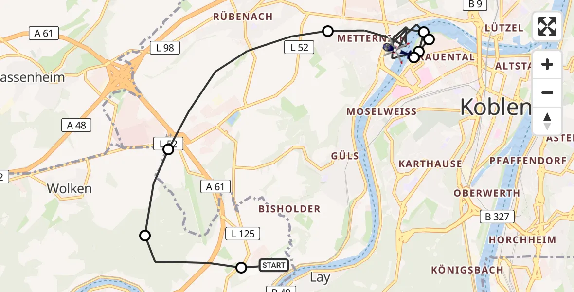 Flugroute Polizeihubschrauber Koblenz-Winningen Airfield - Koblenz, 11 März 2026, 08:07