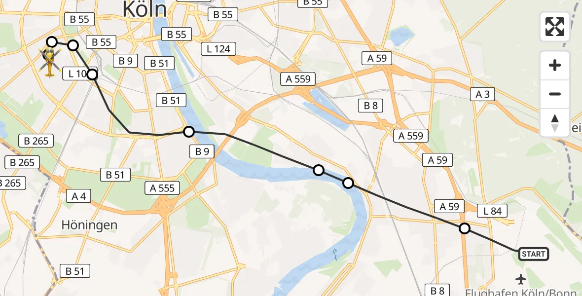 Flugroute Ambulanzhubschrauber Cologne Bonn Airport - Köln University Hospital, 11 März 2026, 08:07