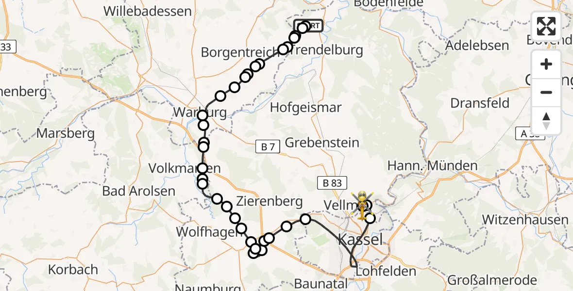 Routekaart van de vlucht: Rettungshubschrauber nach Fuldatal Federal Police Heliport