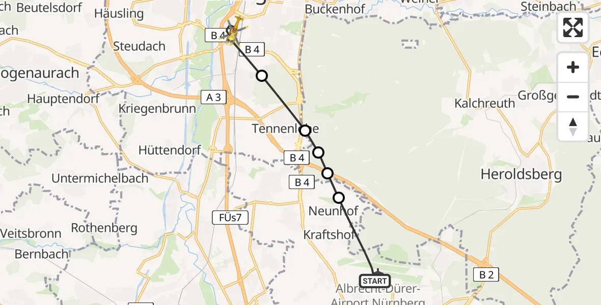 Flugroute Rettungshubschrauber Nuremberg Airport - Erlangen, 11 März 2026, 08:22
