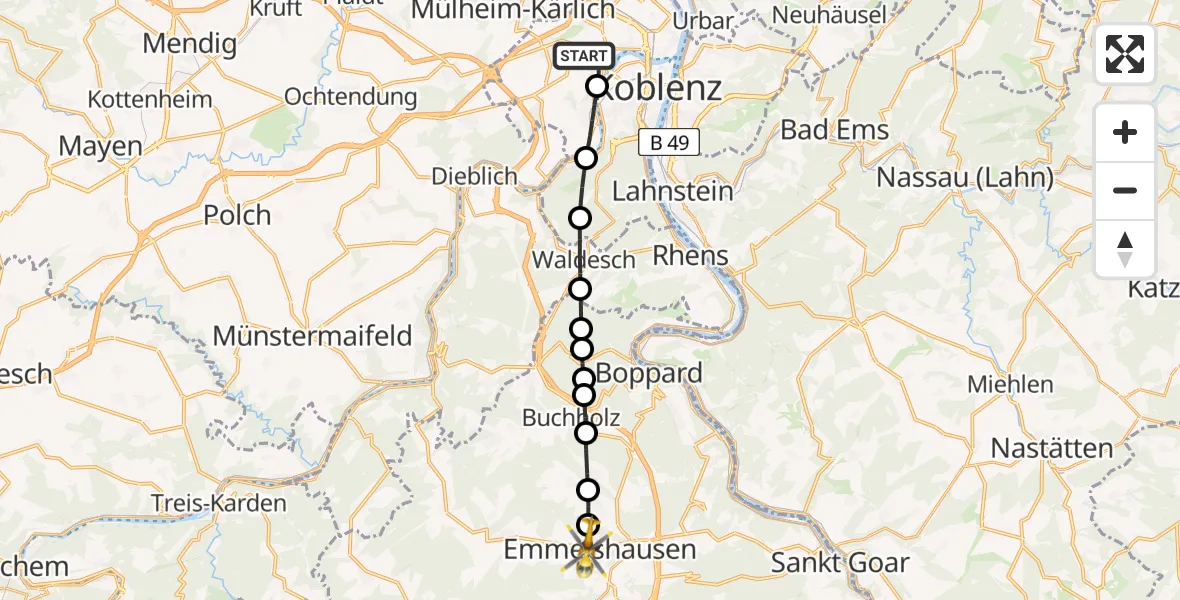 Flugroute Rettungshubschrauber Koblenz - Emmelshausen, 11 März 2026, 08:25