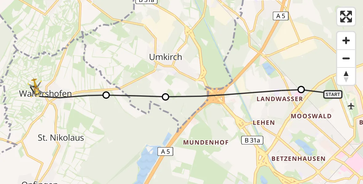 Flugroute Rettungshubschrauber Freiburg im Breisgau Airfield - Waltershofen, 11 März 2026, 08:30