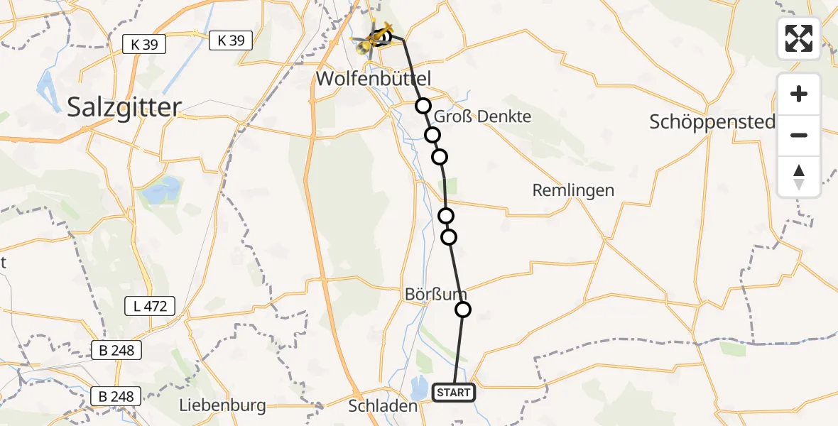 Flugroute Rettungshubschrauber Schladen-Werla - Wolfenbüttel Municipal Hospital Heliport (Christoph 30), 11 März 2026, 08:29