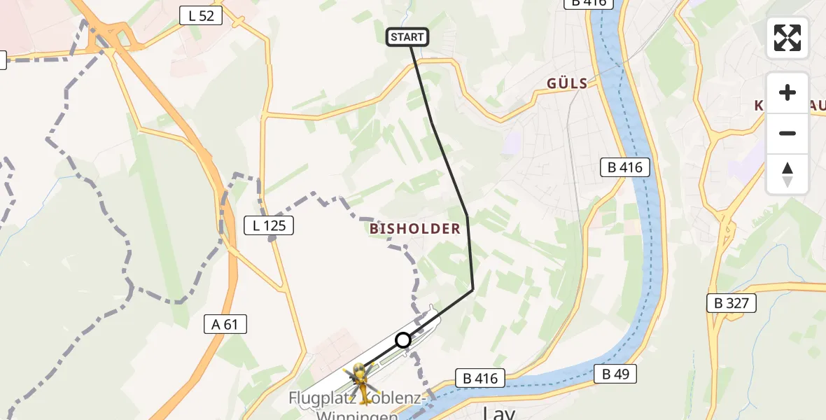 Flugroute Ambulanzhubschrauber Güls - Koblenz-Winningen Airfield, 11 März 2026, 08:30