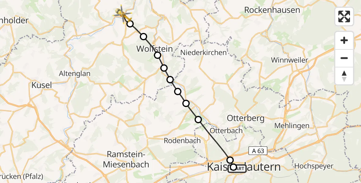 Flugroute Rettungshubschrauber Westpfalz Hospital Kaiserslautern - Offenbach-Hundheim, 11 März 2026, 08:30