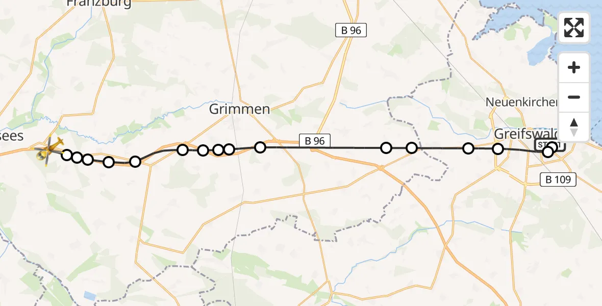 Flugroute Rettungshubschrauber Greifswald Hospital - Siemersdorf, 11 März 2026, 08:31