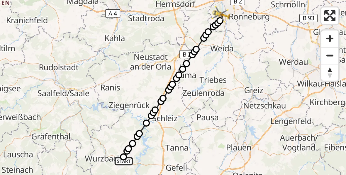Flugroute Ambulanzhubschrauber Bad Lobenstein - Gera, 11 März 2026, 08:35