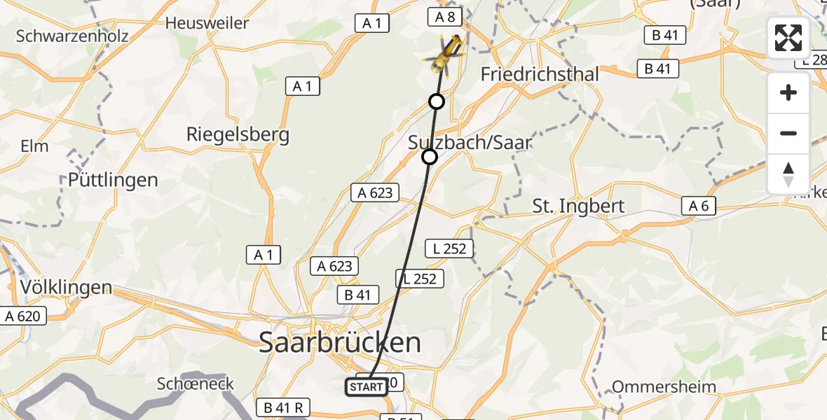 Flugroute Rettungshubschrauber Saarbrücken - Quierschied, 11 März 2026, 08:40