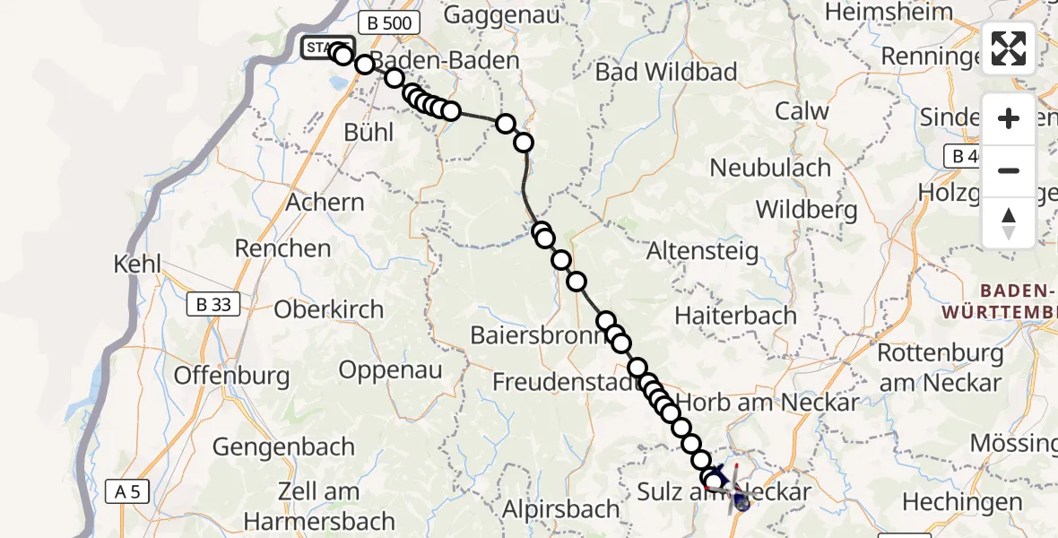 Flugroute Polizeihubschrauber Karlsruhe Baden-Baden Airport - Sulz am Neckar, 11 März 2026, 08:47