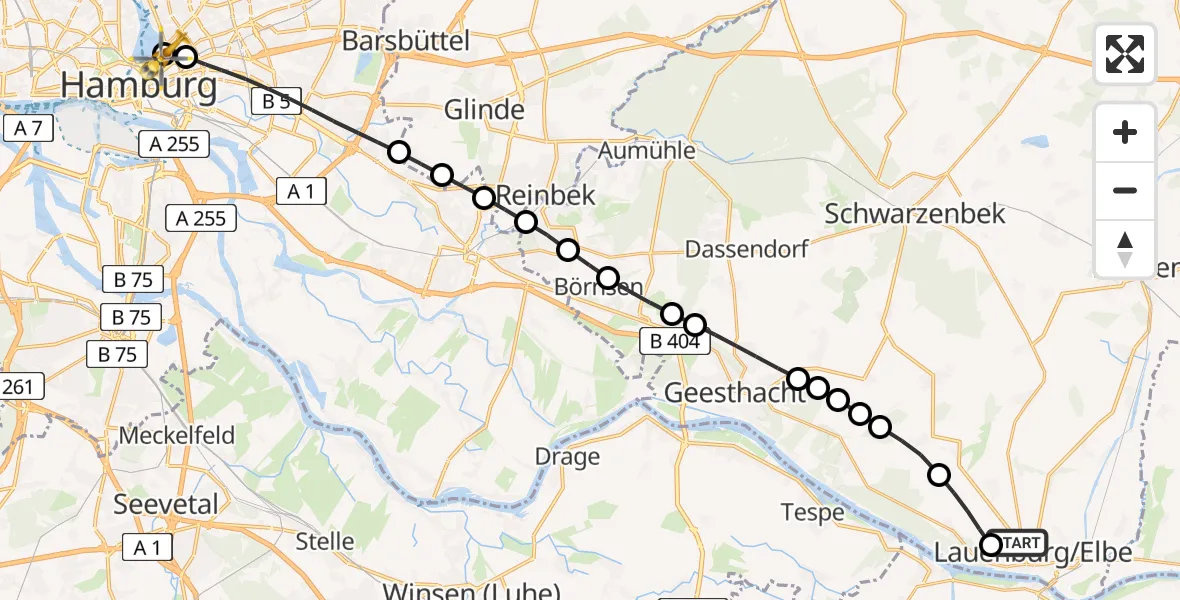 Routekaart van de vlucht: Rettungshubschrauber nach Hamburg, Lohmühlenstraße