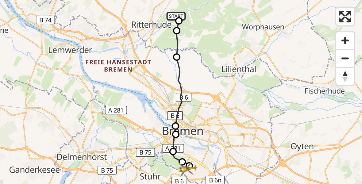 Flugroute Rettungshubschrauber Osterholz-Scharmbeck - ADAC Air Rescue Station Bremen Heliport (Christoph 6), 11 März 2026, 09:00