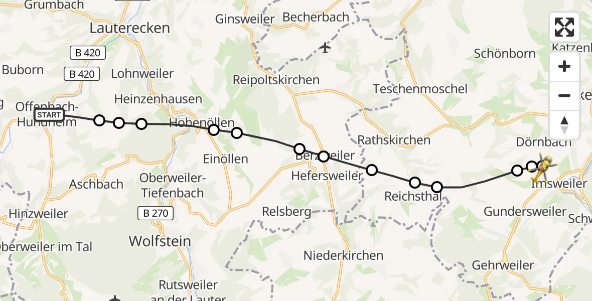 Flugroute Rettungshubschrauber Offenbach-Hundheim - Imsweiler UL, 11 März 2026, 09:04