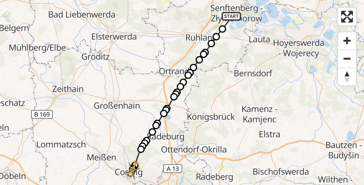 Flugroute Rettungshubschrauber Senftenberg - Coswig Specialty Hospital, 11 März 2026, 09:05