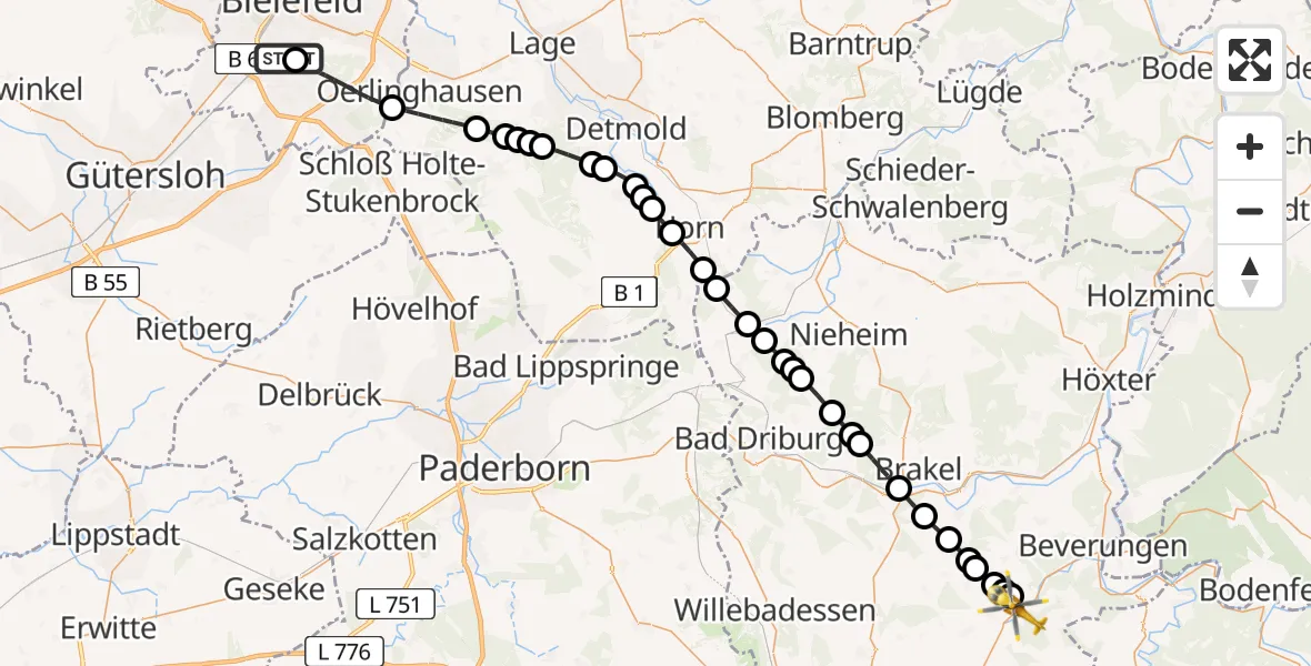 Flugroute Rettungshubschrauber Luftrettungszentrum Bielefeld - Dalhausen, 11 März 2026, 09:07
