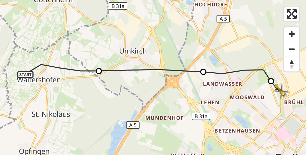 Flugroute Rettungshubschrauber Waltershofen - Freiburg im Breisgau Airfield, 11 März 2026, 09:07
