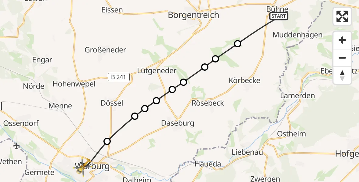 Flugroute Rettungshubschrauber Bühne - Warburg, 11 März 2026, 09:16
