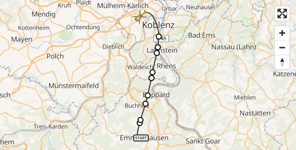 Routekaart van de vlucht: Rettungshubschrauber nach Koblenz, Rübenacher Straße