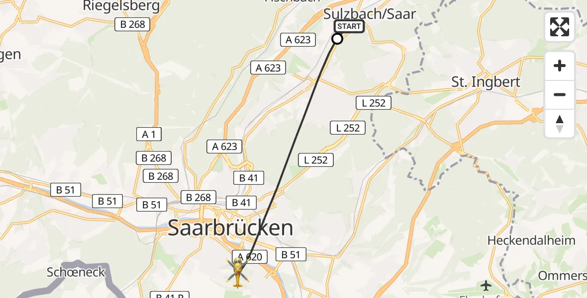 Flugroute Rettungshubschrauber Sulzbach/Saar - Saarbrücken, 11 März 2026, 09:22