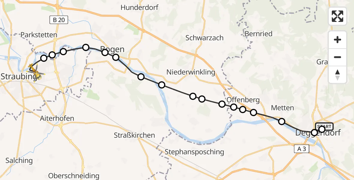 Flugroute Rettungshubschrauber Kleinfilling - Sankt Elisabeth Hospital Straubing, 11 März 2026, 09:23