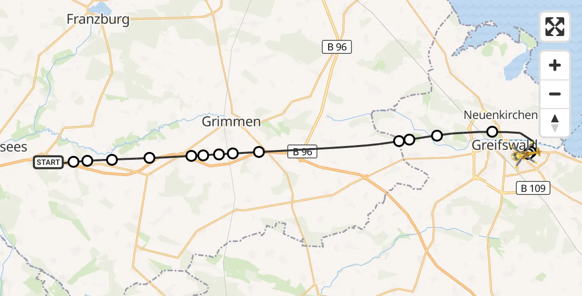 Flugroute Rettungshubschrauber Siemersdorf - Greifswald Hospital, 11 März 2026, 09:27