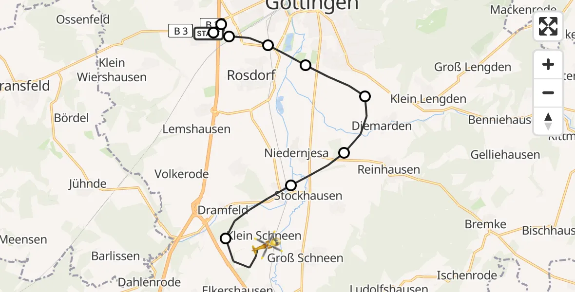 Flugroute Rettungshubschrauber Göttingen - Friedland, 11 März 2026, 09:30
