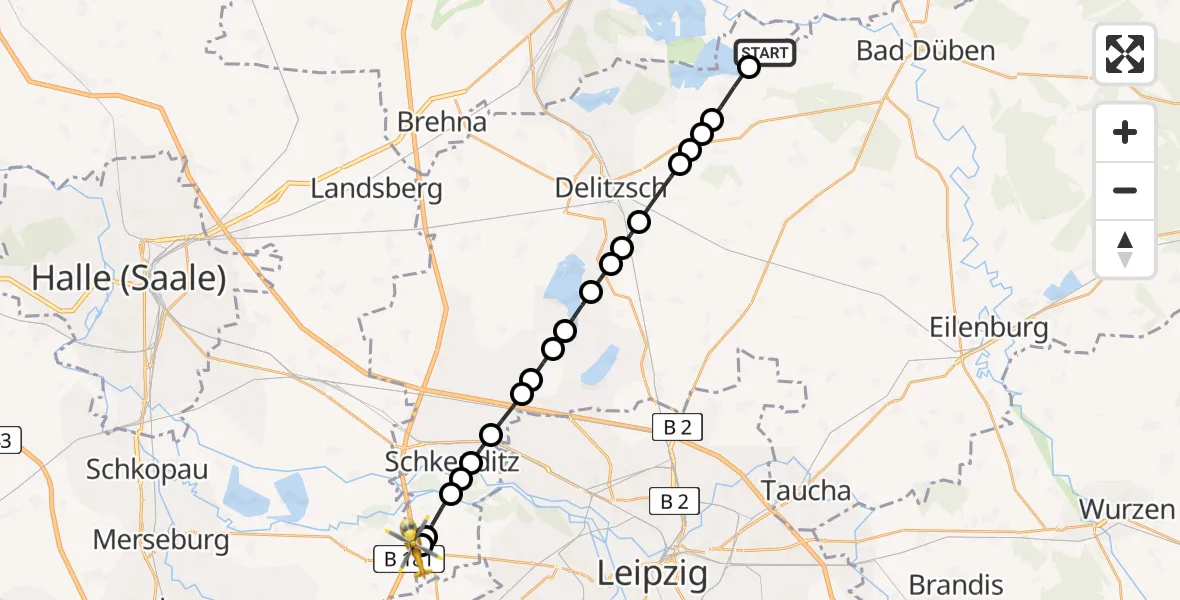 Routekaart van de vlucht: Rettungshubschrauber nach ADAC Air Rescue Station Leipzig/Schkeuditz-Dölzig Heliport (Christoph 61)