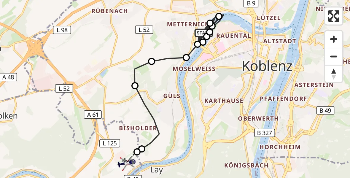 Flugroute Polizeihubschrauber Koblenz - Koblenz-Winningen Airfield, 11 März 2026, 09:37