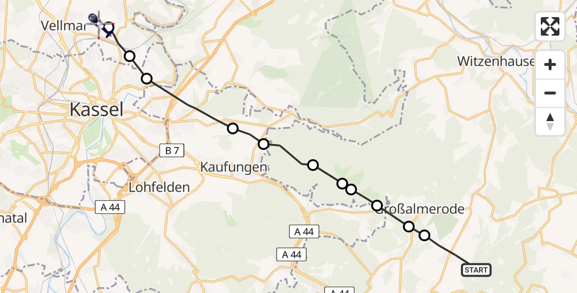 Routekaart van de vlucht: Polizeihubschrauber nach Fuldatal Federal Police Heliport