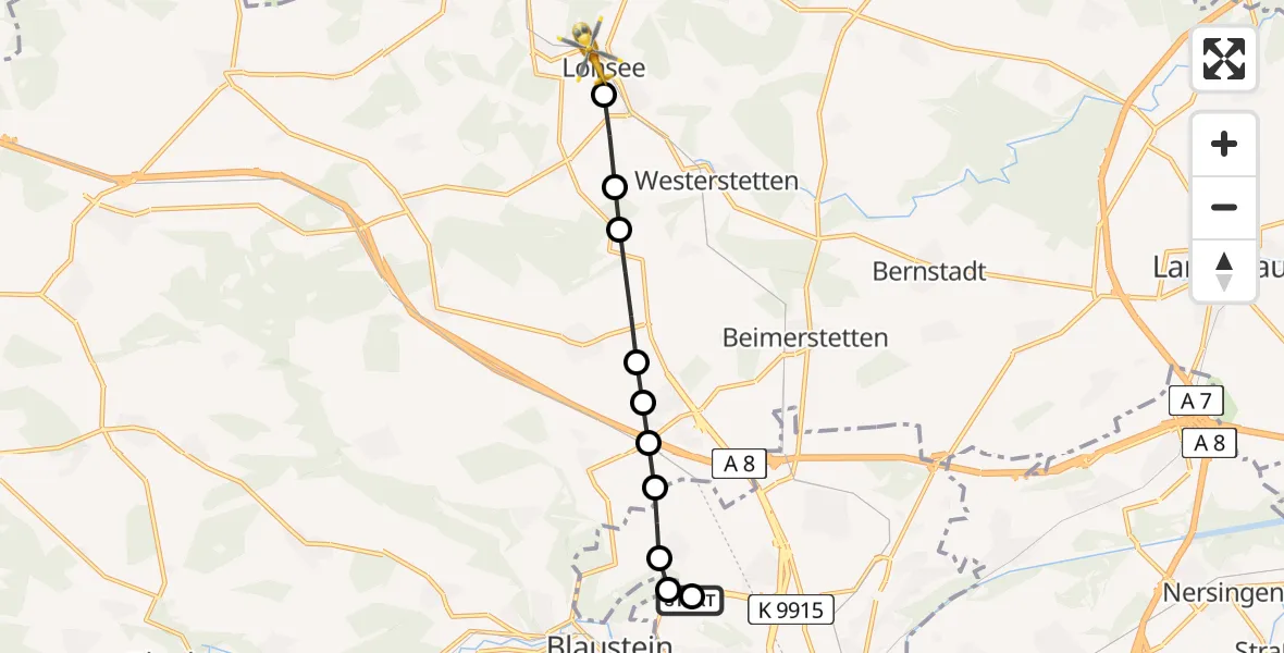 Flugroute Rettungshubschrauber Ulm Military Hospital Emergency - Lonsee, 11 März 2026, 09:39