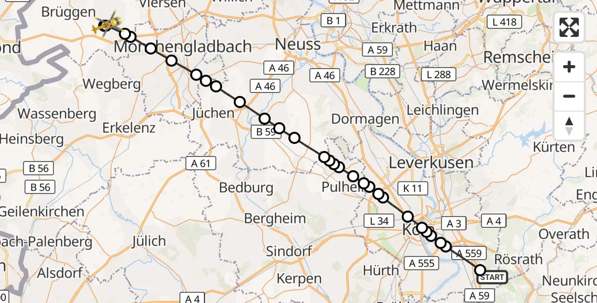 Flugroute Rettungshubschrauber Cologne Bonn Airport - Waldniel, 11 März 2026, 09:48