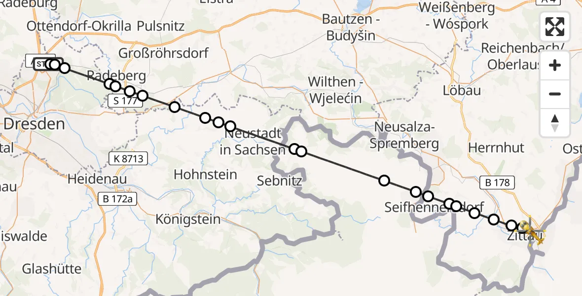 Flugroute Rettungshubschrauber Dresden Airport - Zittau, 11 März 2026, 09:56