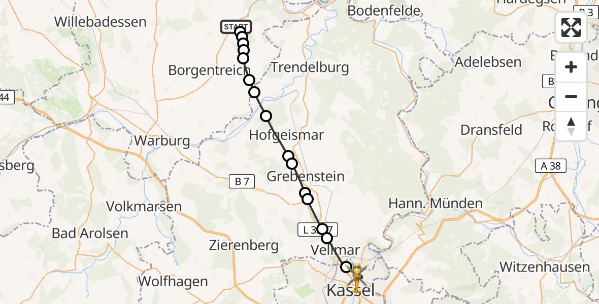 Flugroute Rettungshubschrauber Dalhausen - Kassel, 11 März 2026, 09:59
