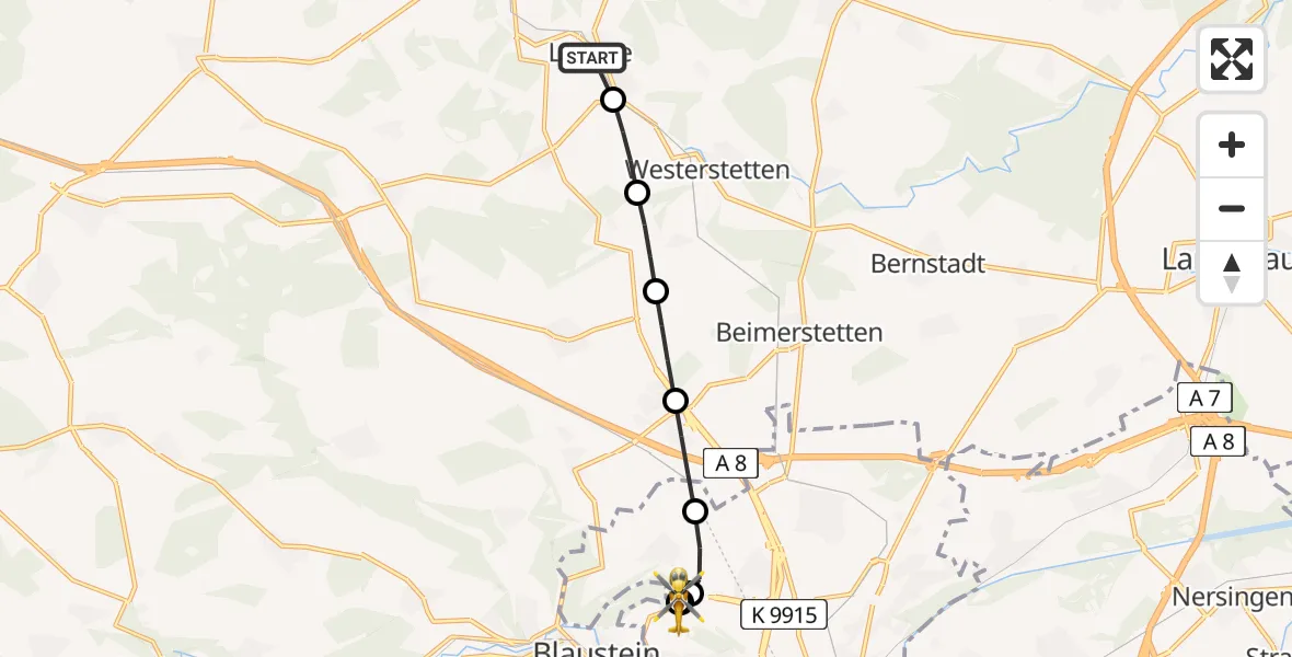 Flugroute Rettungshubschrauber Lonsee - ADAC Air Rescue Station Ulm (Christoph 22), 11 März 2026, 10:09