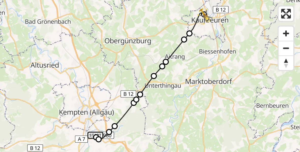 Routekaart van de vlucht: Rettungshubschrauber nach Ostallgäu-Kaufbeuren Hospital