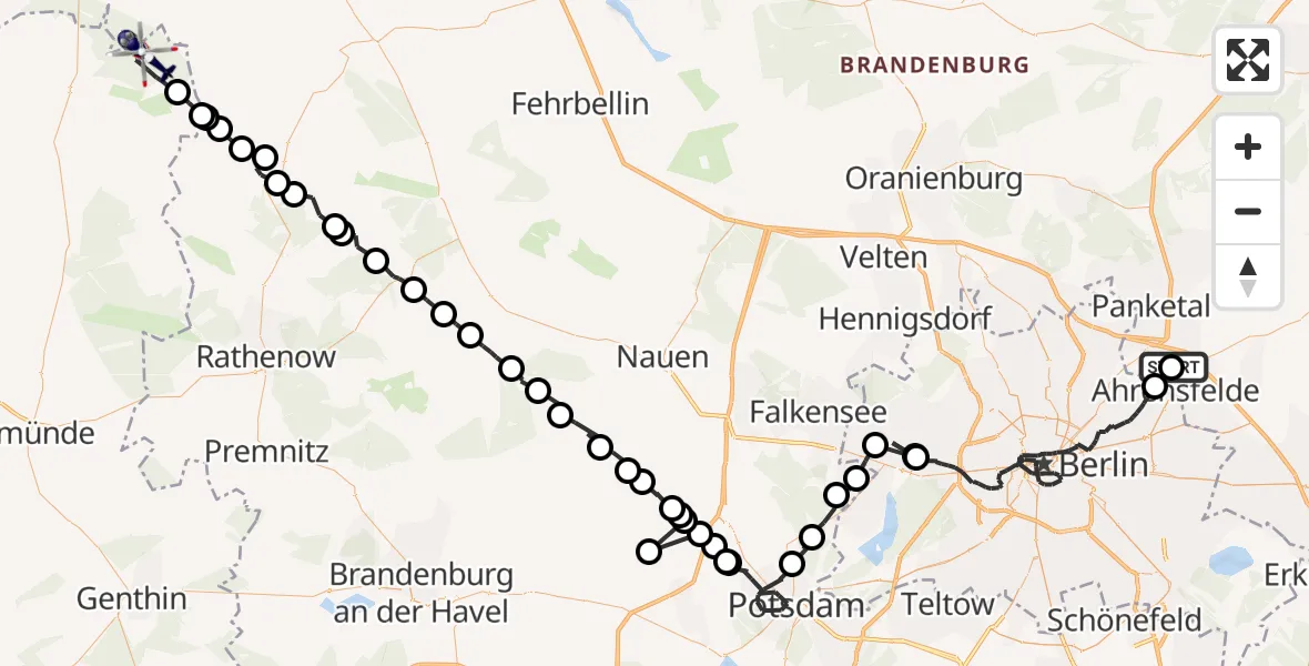 Flugroute Polizeihubschrauber Ahrensfelde Heliport - Havelberg, 11 März 2026, 10:14