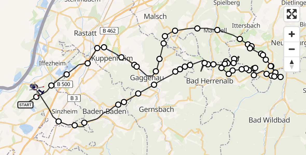Routekaart van de vlucht: Polizeihubschrauber nach Hügelsheim, Hochfeldring