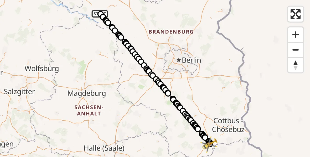 Flugroute Ambulanzhubschrauber Perleberg - ADAC Air Rescue Station Senftenberg Heliport, 11 März 2026, 10:21