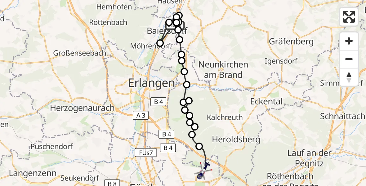 Flugroute Polizeihubschrauber Wellerstadt - Nuremberg Airport, 11 März 2026, 10:21