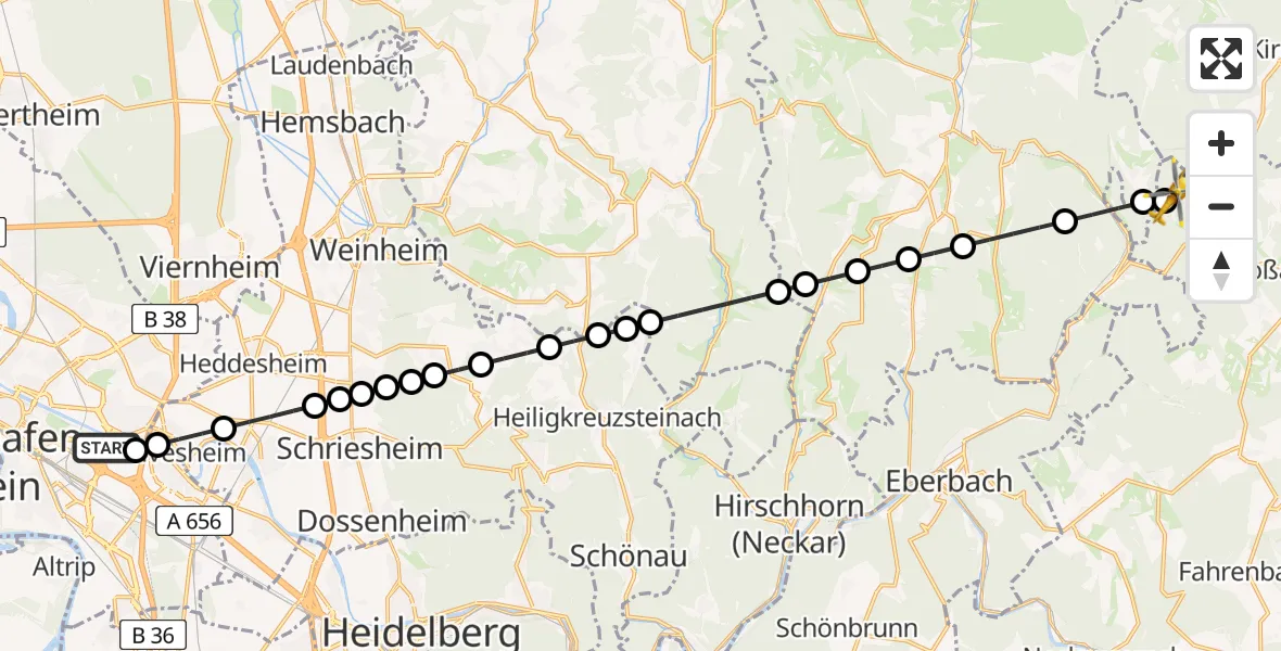 Flugroute Rettungshubschrauber Mannheim-City Airport - Mudau, 11 März 2026, 10:24