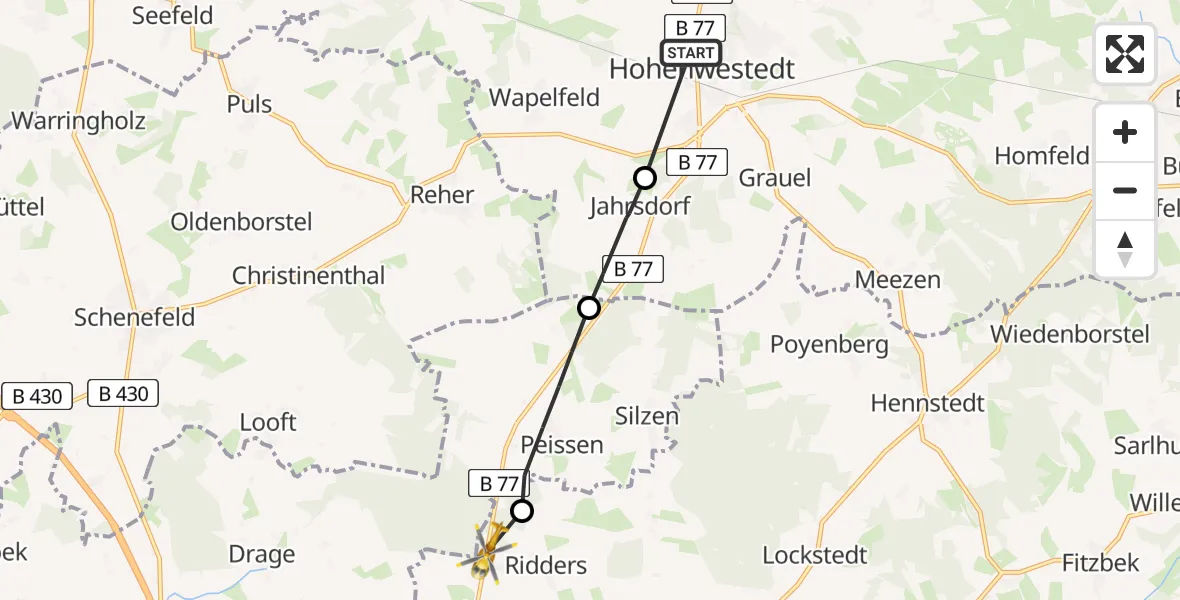 Flugroute Rettungshubschrauber Hohenwestedt - Ridders, 11 März 2026, 10:26