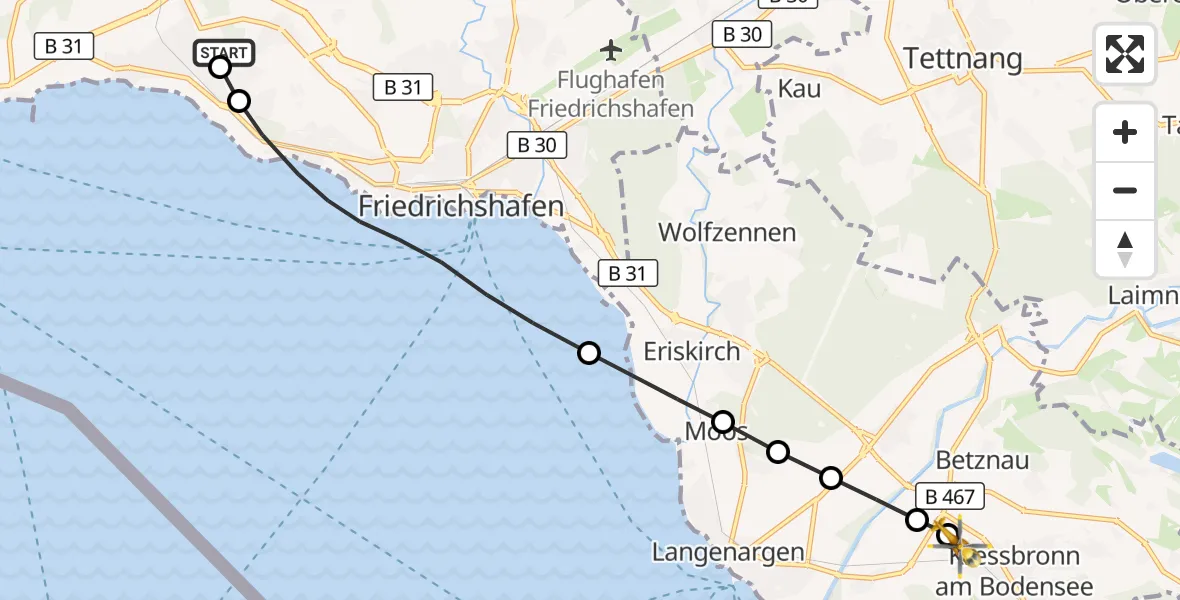 Flugroute Rettungshubschrauber Friedrichshafen Hospital - Betznau, 11 März 2026, 10:28