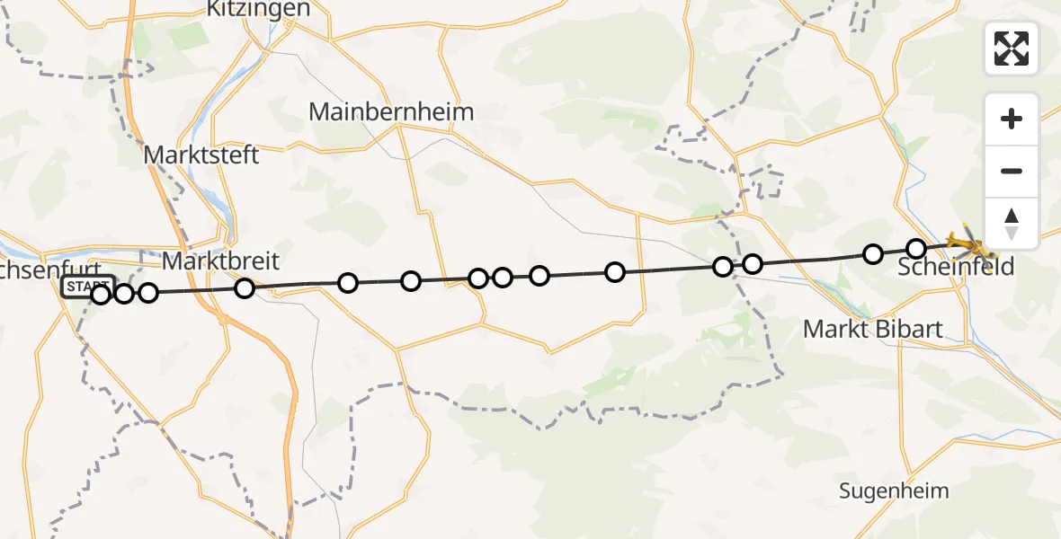 Flugroute Rettungshubschrauber Ochsenfurt Hospital - Scheinfeld, 11 März 2026, 10:28