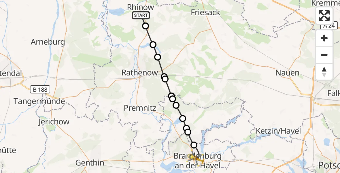 Flugroute Rettungshubschrauber Rhinow - Brandenburg an der Havel, 11 März 2026, 10:33