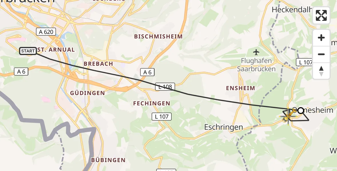 Flugroute Rettungshubschrauber Saarbrücken - Ormesheim, 11 März 2026, 10:36