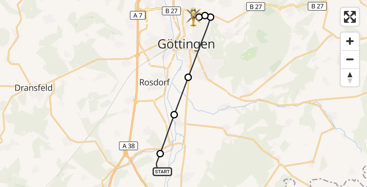 Flugroute Rettungshubschrauber Friedland - Göttingen University Clinic Heliport, 11 März 2026, 10:37