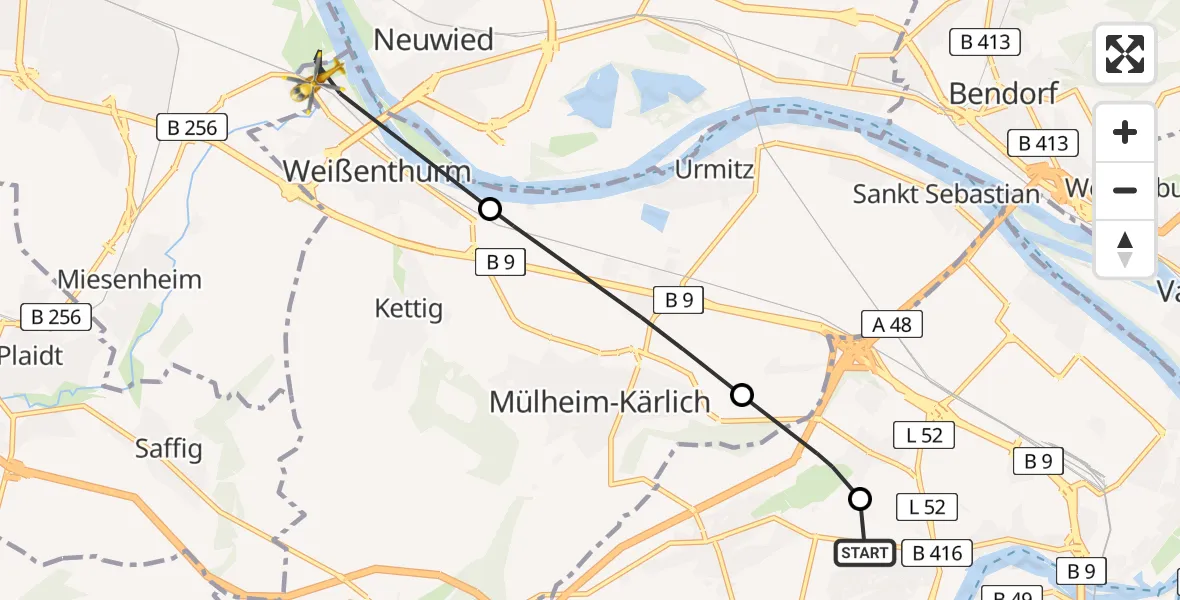Flugroute Rettungshubschrauber Koblenz - Weißenthurm, 11 März 2026, 10:37