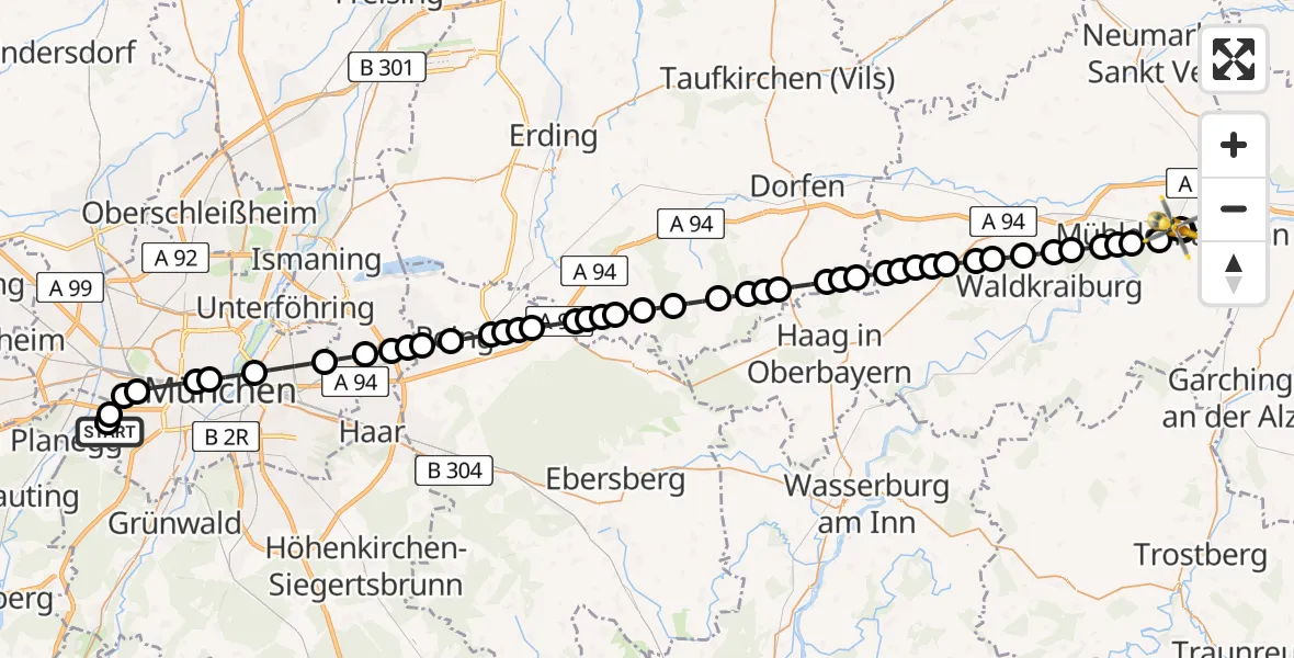 Routekaart van de vlucht: Ambulanzhubschrauber nach Mühldorf am Inn Hospital