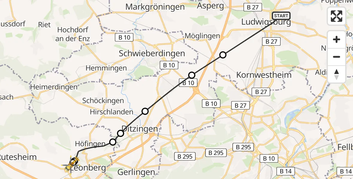 Flugroute Rettungshubschrauber Ludwigsburg - Leonberg Hospital, 11 März 2026, 10:44