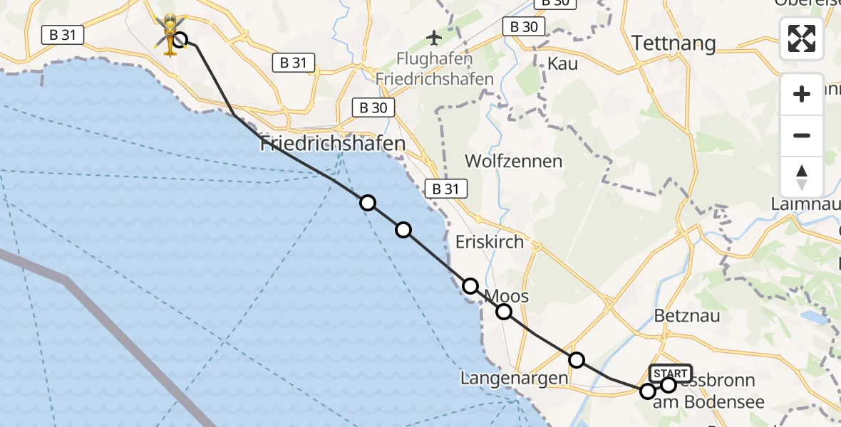 Flugroute Rettungshubschrauber Betznau - Friedrichshafen Hospital, 11 März 2026, 10:45